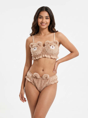 Cute Furry Teddy Bear Lingerie Set with Satin Detail