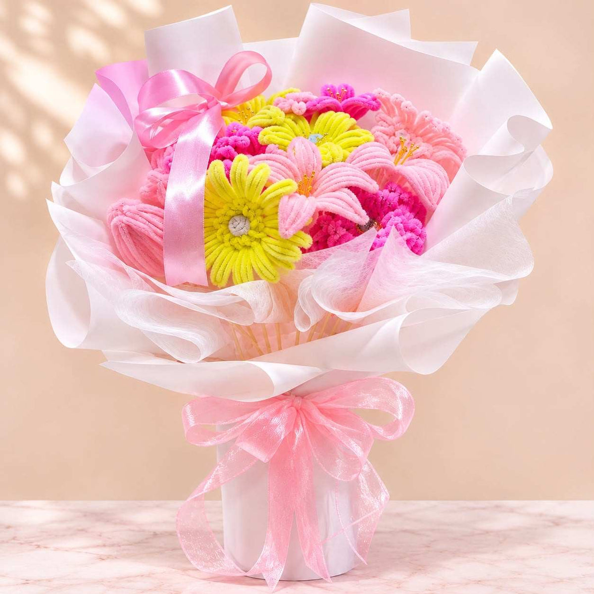 Pink Lily and Daisy Plush Flower Bouquet with pink wrapping – Stuffeez.pk