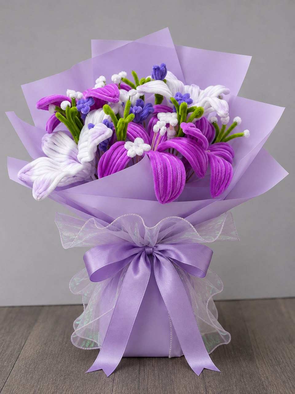 Purple and white floral bouquet at stuffeez.pk