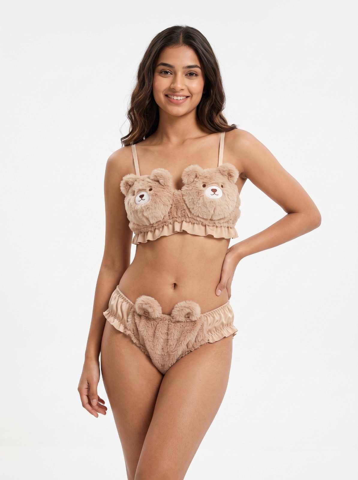 Cute Furry Teddy Bear Lingerie Set with Satin Detail