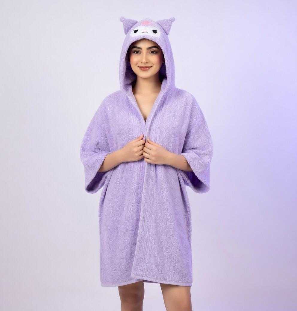 Cute Kuromi fluffy hooded bathrobe cozy winter loungewear for women Stuffeez.pk