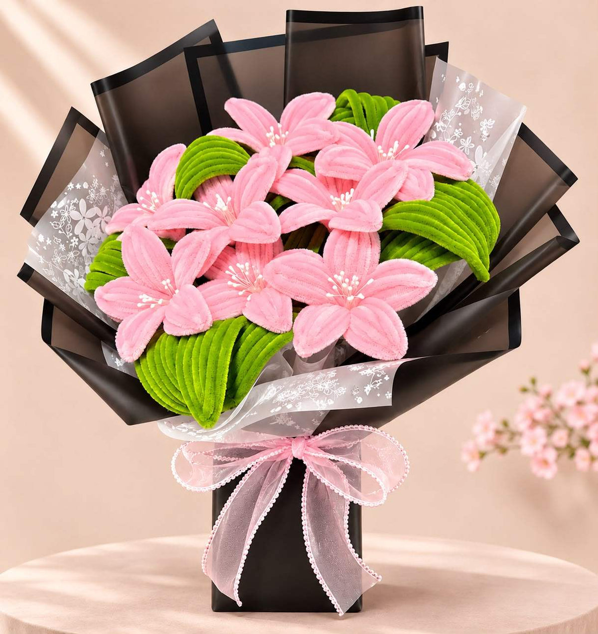 Pink Blossom Plush Flower Bouquet with black wrapping – Stuffeez.pk 