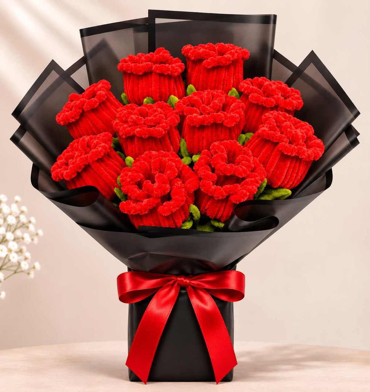 Red Rose Plush Flower Bouquet with black wrapping – Stuffeez.pk 