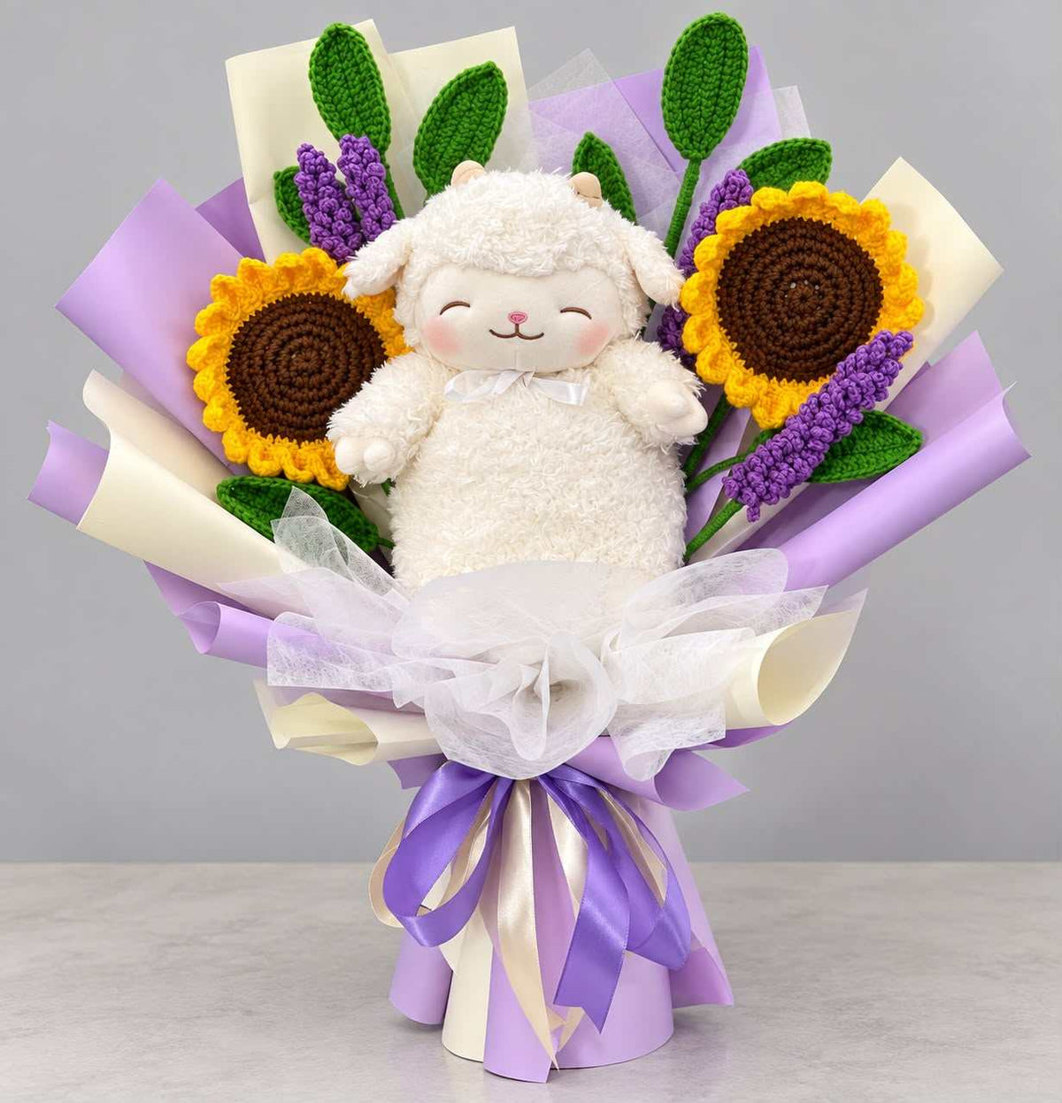 Sunflower and lavender lamb plush bouquet with cute stuffed toy gift.