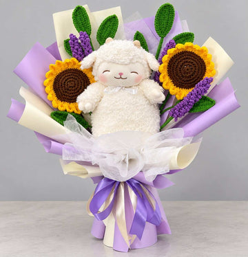 Sunflower and lavender lamb plush bouquet with cute stuffed toy gift.