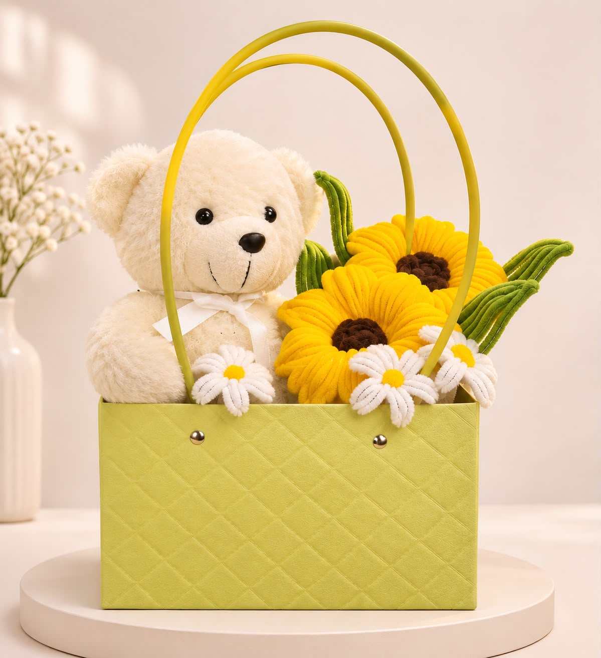 White Teddy Bear Sunflower Plush Gift Basket – Stuffeez.pk 