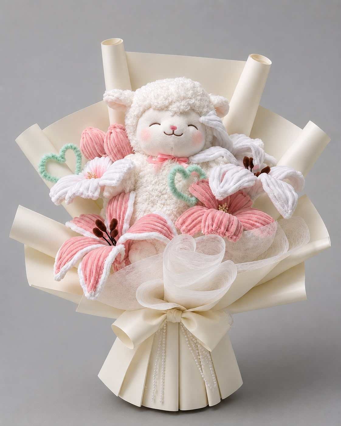 Cozy Sleepy Lamb plushie bouquet with pink flowers