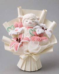 Cozy Sleepy Lamb plushie bouquet with pink flowers