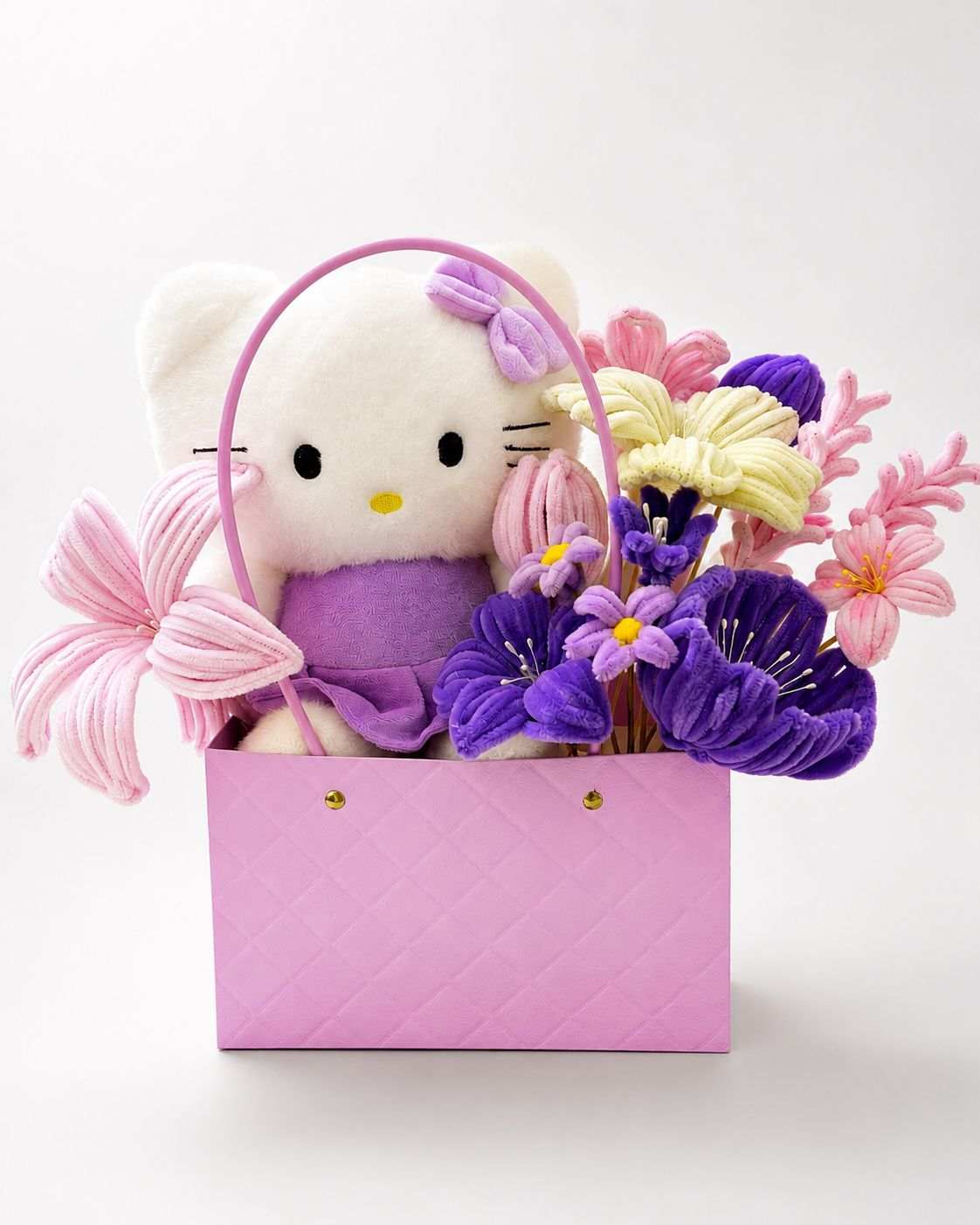 Hello Kitty floral gift basket with plushie and pink purple flowers.
