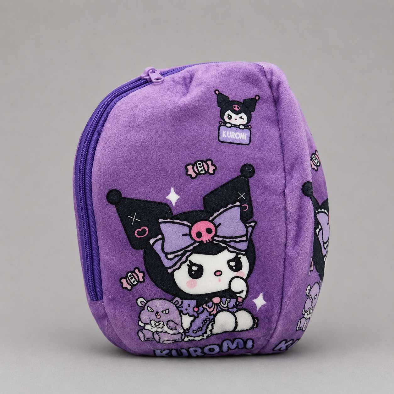 Cute purple Kuromi zip plushie transforming into cuddly plush toy