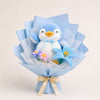 Blue penguin floral bouquet with plushie and pastel flowers.