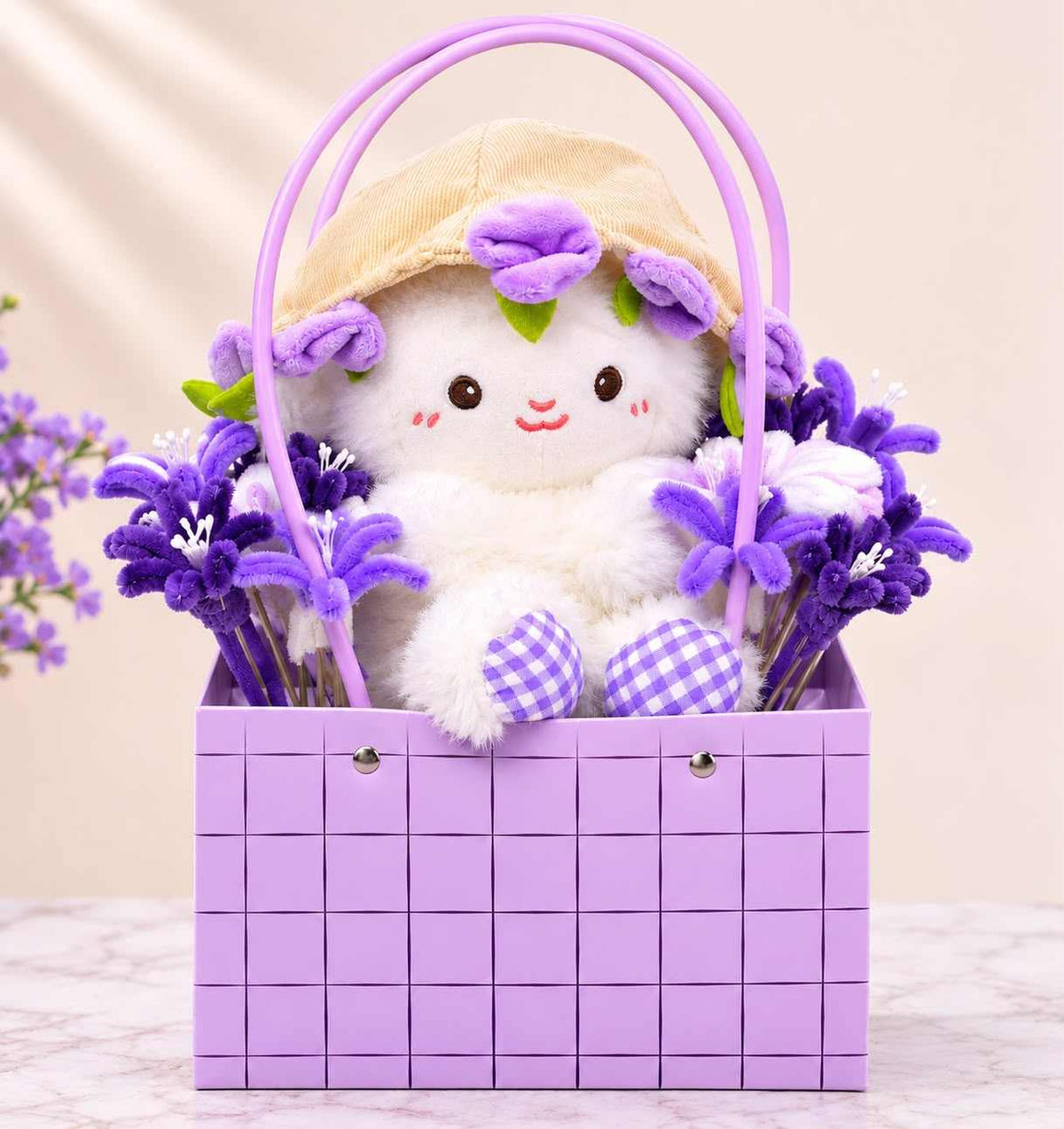 Purple Flower Plush Toy Gift Basket with White Lamb – Stuffeez.pk 
